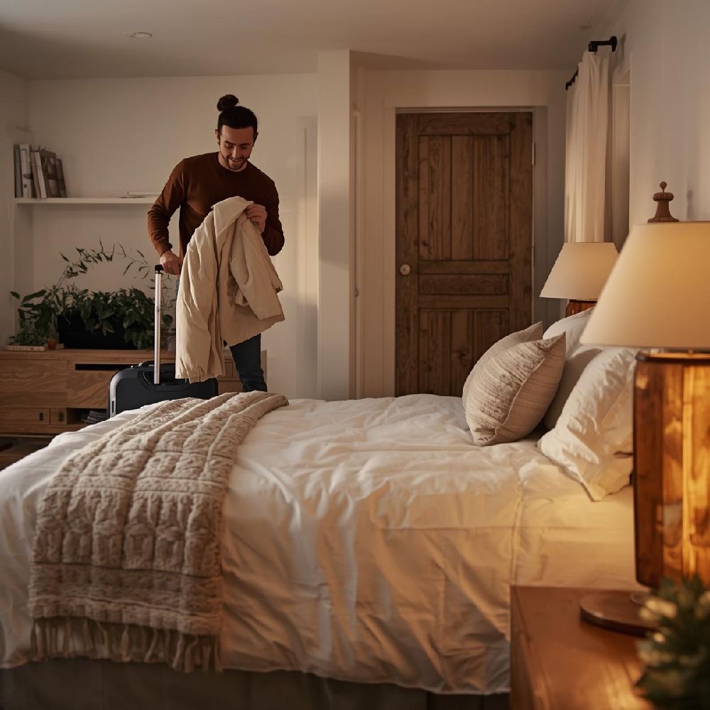 A warm and welcoming guest bedroom styled for the holidays with a comfortable bed and layered pillows
